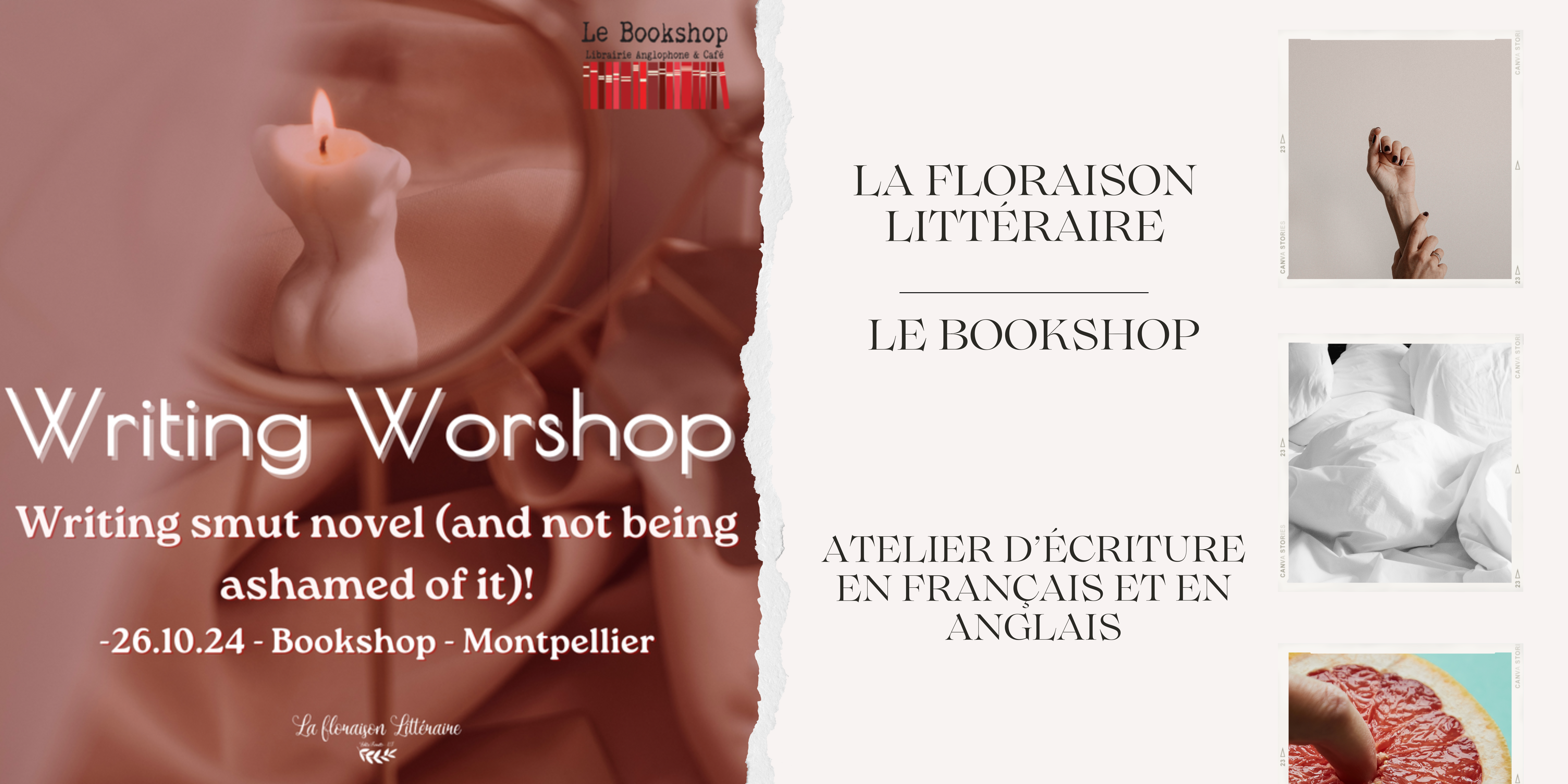 Writing workshop : Writing smut novel (and not being ashamed of it!) – 26.10.24 – Le Bookshop – Montpellier